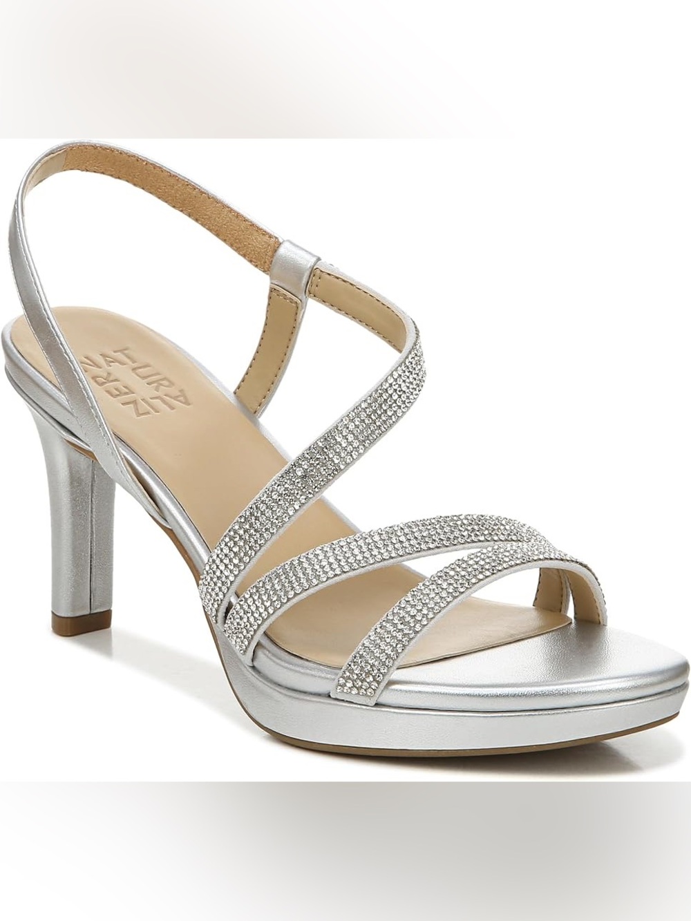 Naturalizer Brenta2 Metallic Silver Rhinestone Slingback Sandal Heels Wide Width